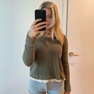 Olive green sweater with lace trim